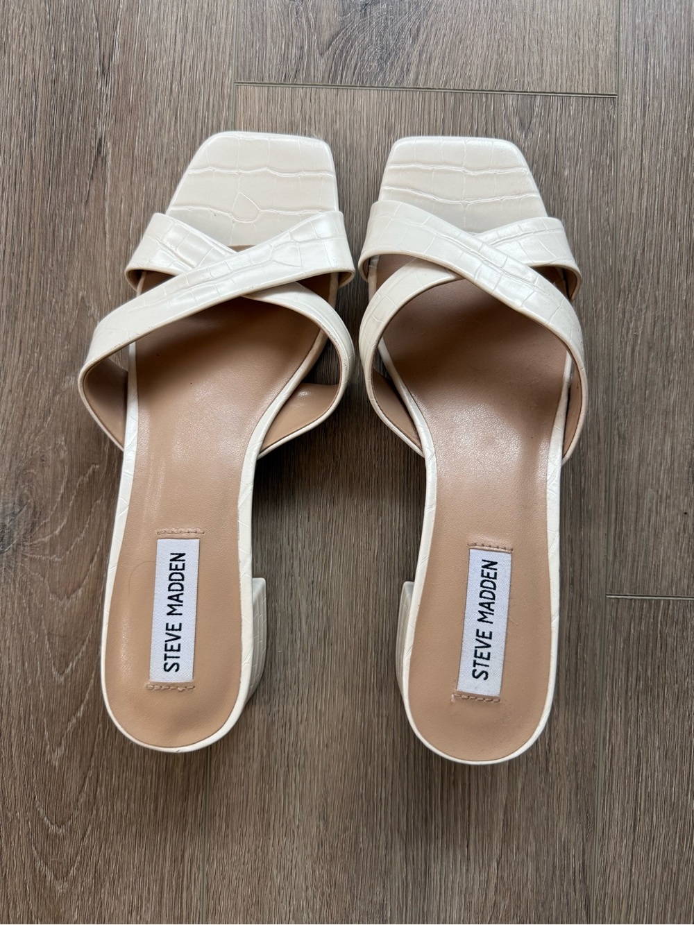 Steve Madden Cream Croc-Embossed Crisscross Slide Mules